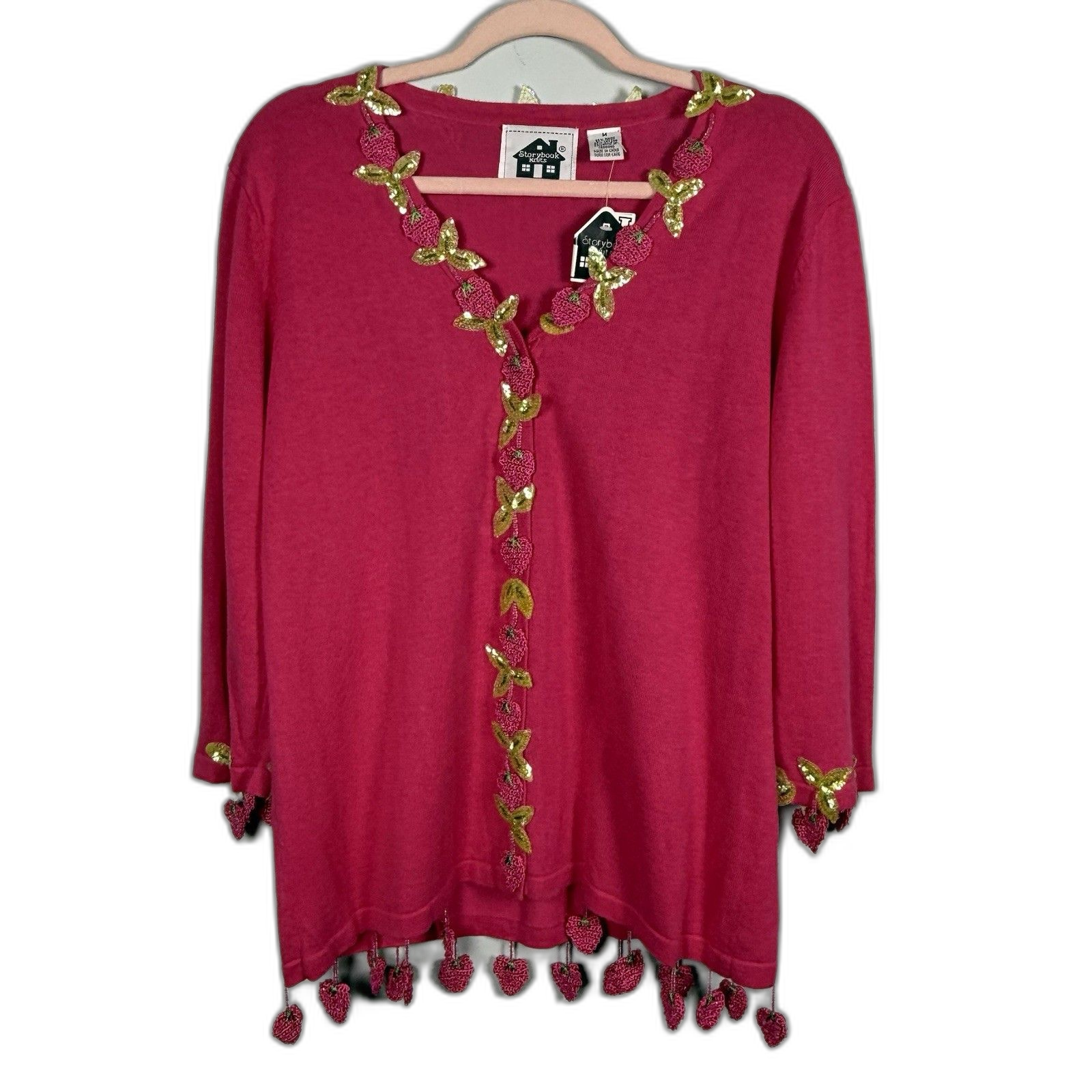Storybook Knits Strawberry Fest Cardigan Sweater Pink Crochet Strawberry Vintage